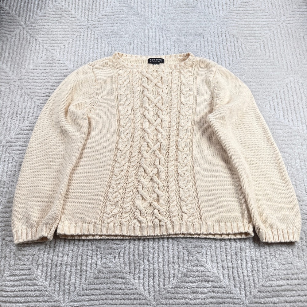 New York & Company Cable Knit Sweater Women's XL Cream Vintage Coastal Classic